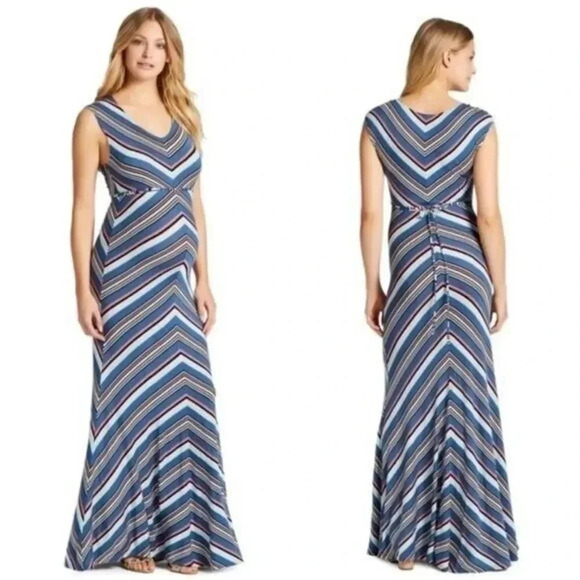 Jessica Simpson Maternity Blue & Pink Multi Stripe Maxi Dress S - Picture 1 of 6